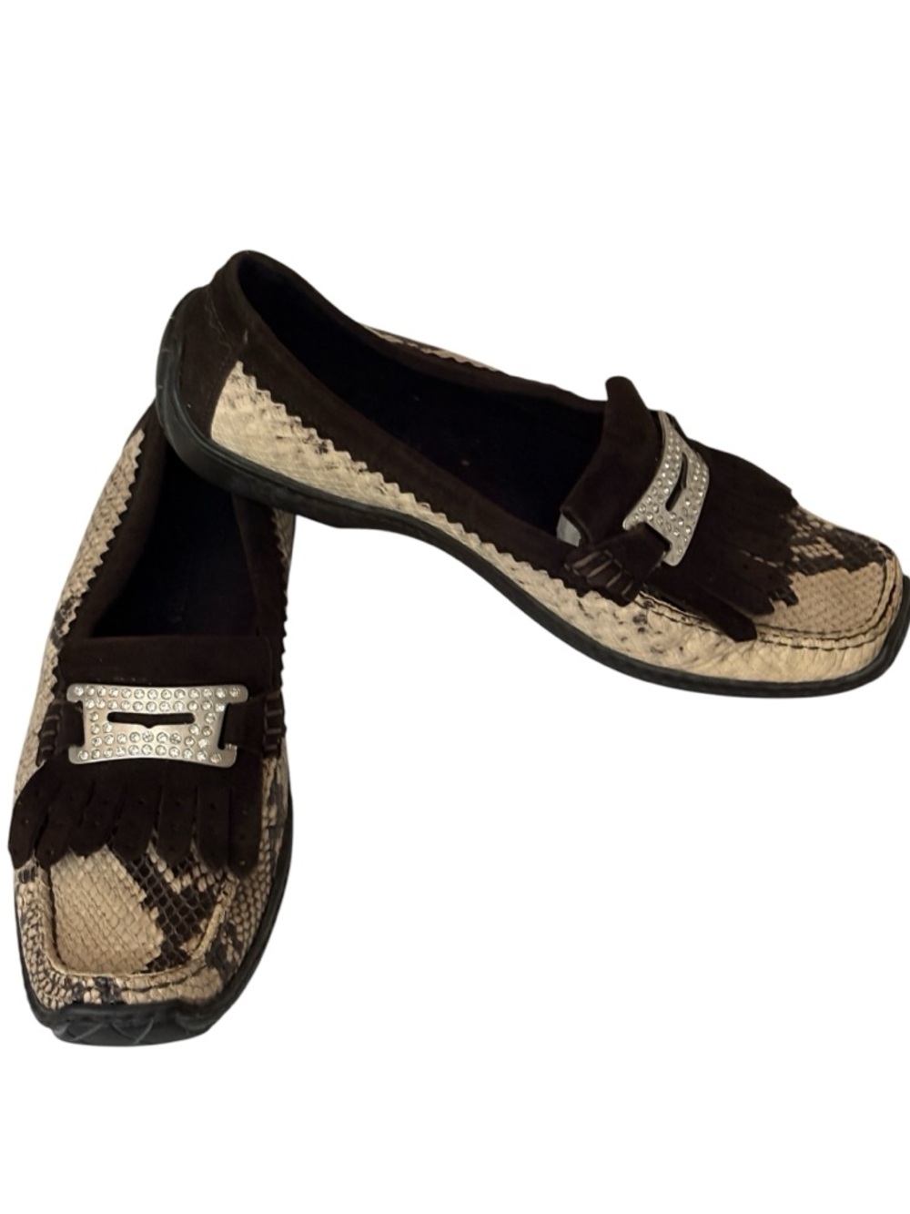 Donald J. Pliner Danie loafer snake-print , brown suede fringe, embellished 7.5